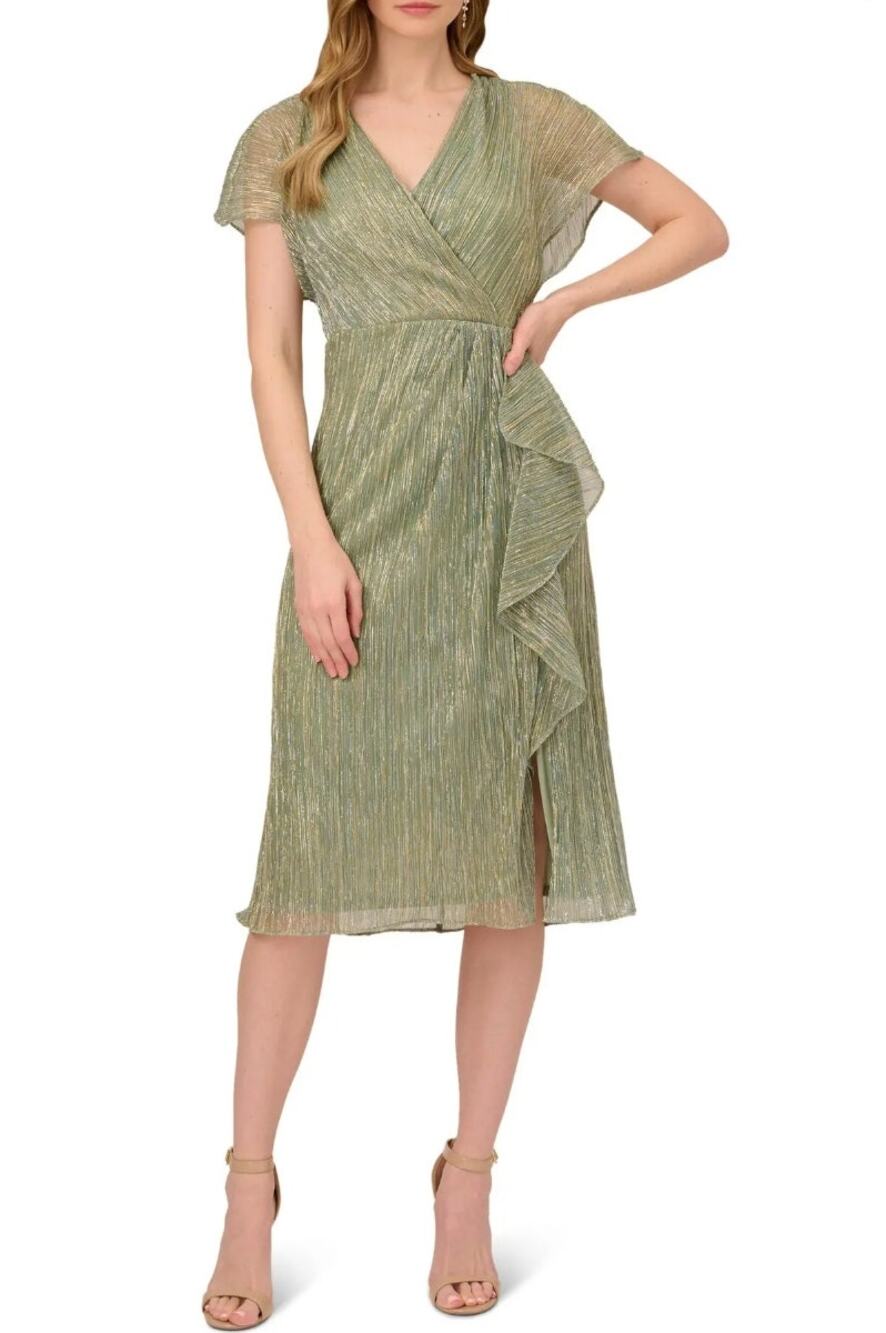 Adrianna Papell Metallic Crinkle Midi Dress Green Slate Size 4 NWT Dressy
